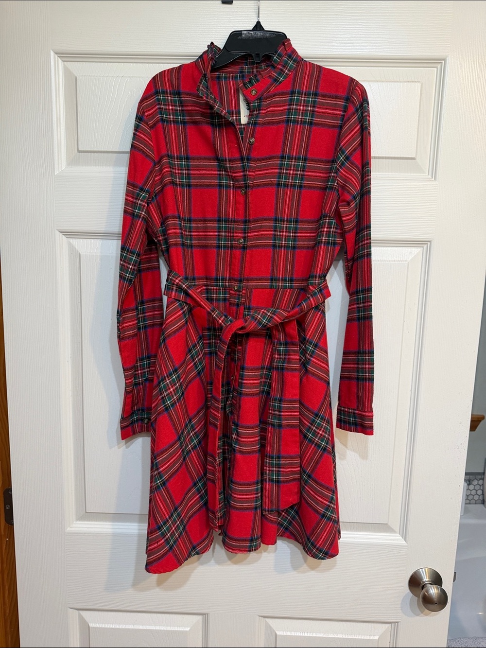 Kiel James Patrick Red Plaid Long-Sleeve Belted Dress